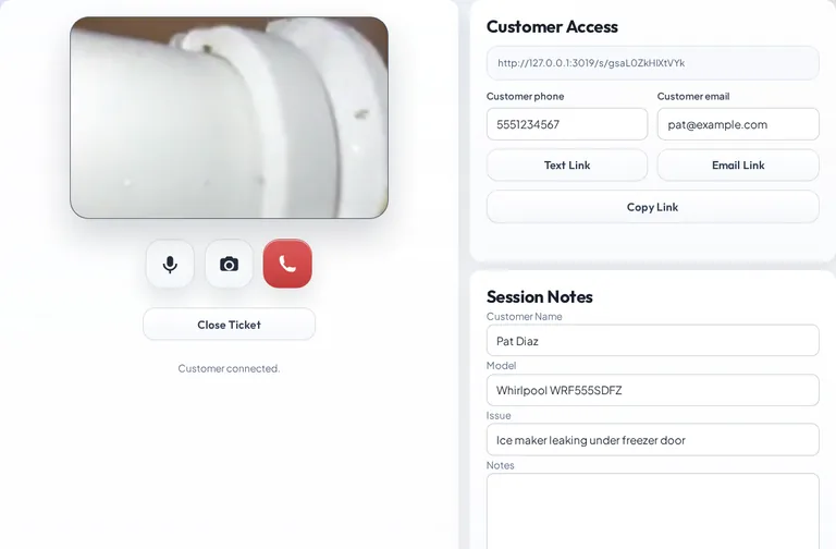 Technician viewing a customer's appliance through a live ServiceCam video call